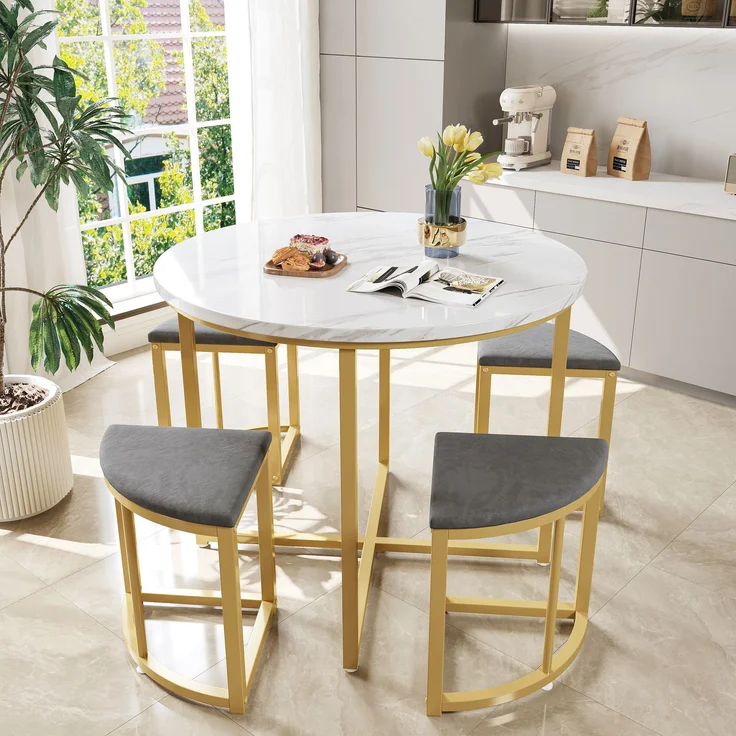 Essgruppe rund 80 cm mit 4 Stühlen, Esstisch Set mit MDF Tischplatte & vergoldetem Metallgestell mit Samtpolster Stühlen – Bild 1