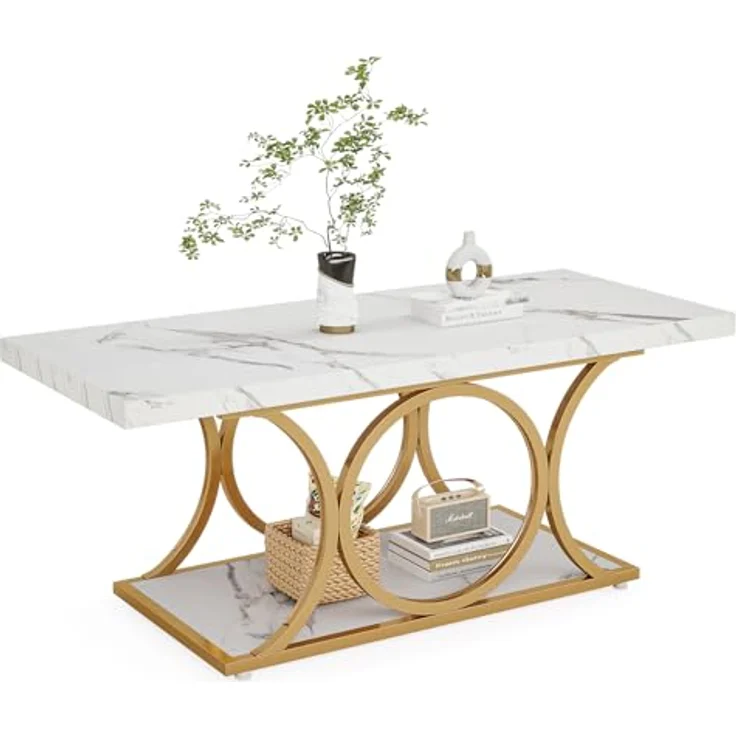 LITTLE TREE Weißer rechteckiger Couchtisch, 119 cm, moderner Couchtisch für Wohnzimmer, 2-stöckiger Couchtische aus Kunstmarmor, mit Stauraum, großer Mitteltisch mit goldfarbenen Metallbeinen – Bild 1