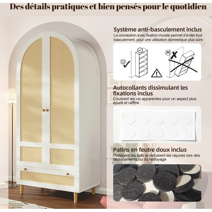 Kleiderschrank 80x50x180 cm aus Holz in Rattan-Optik, Schrank in Weiß mit Bogen-Design, Wäscheschrank mit Kleiderstange und Schublade, Garderobenschrank für Schlafzimmer, Kinderzimmer, Flur--Weiß--80x50x180cm--YOUDENOVA – Bild 3