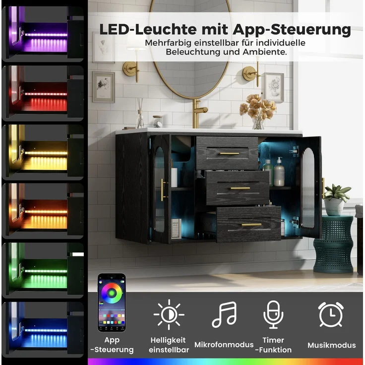 Waschtischschrank 76x46x55 cm Schwarz mit geriffelter Glastür, LED und Keramikwaschbecken – Bild 8