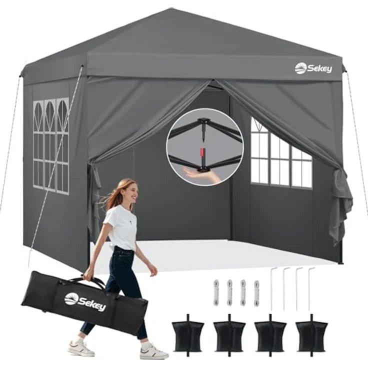 Sekey Pavillon 3x3 mit 4 Seitenteile, Faltpavillon Wasserdicht Stabil Winterfest, Pop Up Pavillon Faltbar für Camping, Festival, Events, Picknicks, Partyzelt Gartenzelt mit 4 Sandsäcke, Grau – Bild 2