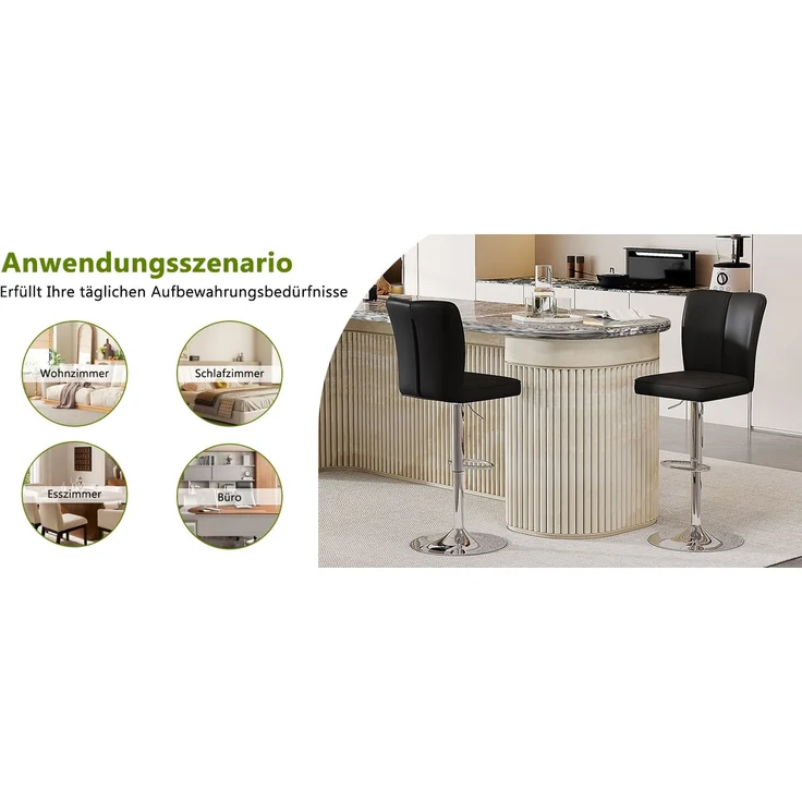 Höhenverstellbarer Barhocker im 2er-Set, 360° drehbar. Luxuriöser Barhocker im Schwarz-Silber-Design aus wasserabweisendem PU-Leder, geeignet für Kücheninseln. Verschiedene Farben erhältlich.--Schwarz+Silber--37x44x44.5cm--YOUDENOVA – Bild 6
