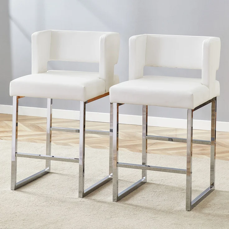 2er-Pack-Barstühle im nordischen Stil mit modernem quadratischem Design, silbernen Metallbeinen und einem leichten und bequemen Set. Erhältlich in mehreren Farben.--Weiß+Silber--91.4x53.3x48cm--YOUDENOVA – Bild 9