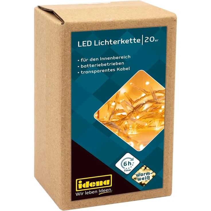 Idena 8582052 - LED Lichterkette mit 20 LEDs in Warmweiß, mit 6 Stunden Timer Funktion, batteriebetrieben, ca. 1,8 m lang, Deko für Innen, zum Basteln, als Party Deko, Weihnachtsdeko, zur Hochzeit – Bild 1