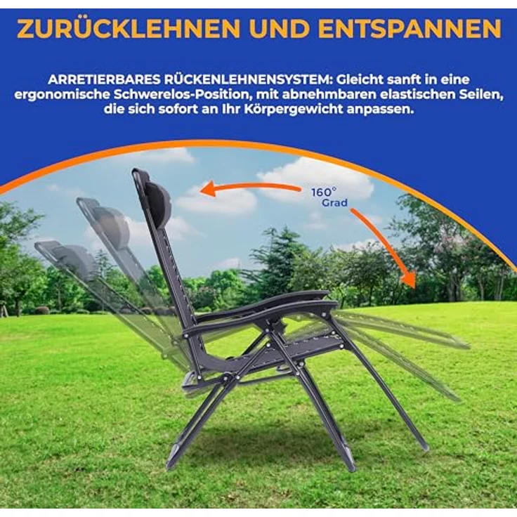 SereneLife Liegestuhl, Gartenliege Klappbar, Strandliege, Sonnenstuhl als Gartenbett mit atmungsaktivem Textil, Verstellbar zum Liegen für Garten & Camping mit Seitentisch, Kopfkissen & Getränkehalter – Bild 4