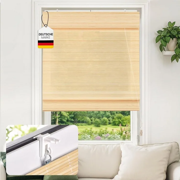 Victoria M. Raffrollo Bambus-Raffrollo Klemmfix, 40 x 130 cm, natur, ohne Bohren, freihängend, Klemmfix-Montage, Nachträglich anpassbar