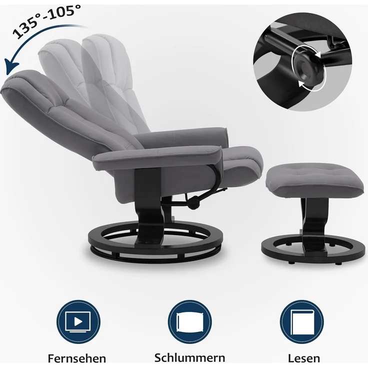 M MCombo Relaxsessel mit Hocker, 360°drehbarer Fernsehsessel mit Liegefunktion, bis 120 Kg belastbarer TV-Sessel, moderner Ruhesessel für Wohnzimmer, Kunstleder, 9019 (Grau-Mikrofaser) – Bild 4