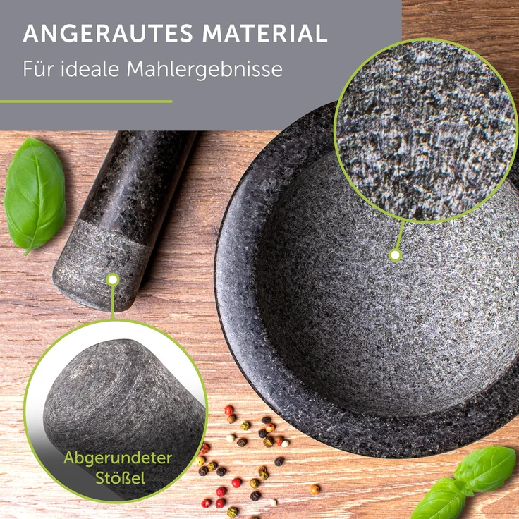 madeco Mörser mit Stößel Granit auf Holzsockel Nussbaum Ø 14,5 cm - Perfekt geeignet für Gewürze, Kräuter & Nüsse - Steinmörser Set - Design Granit Mörser & Stößel groß – Bild 6