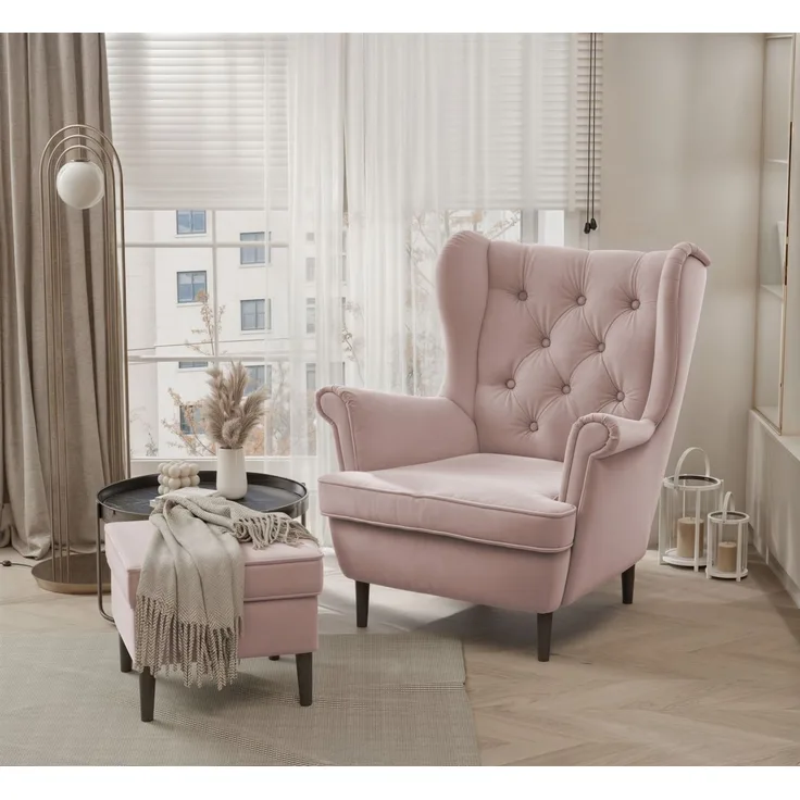 Sessel Ohrensessel NINON inkl. Hocker in Stoff Trinity Puderrosa