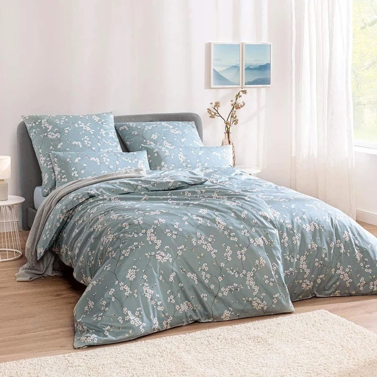 Estella Bettwäsche Estella Mako-Satin Bettwäsche 135x200 Sakura mint Kirschblüte Zweige, Mako-Satin, 2 teilig, für Sommer und Winter – Bild 2
