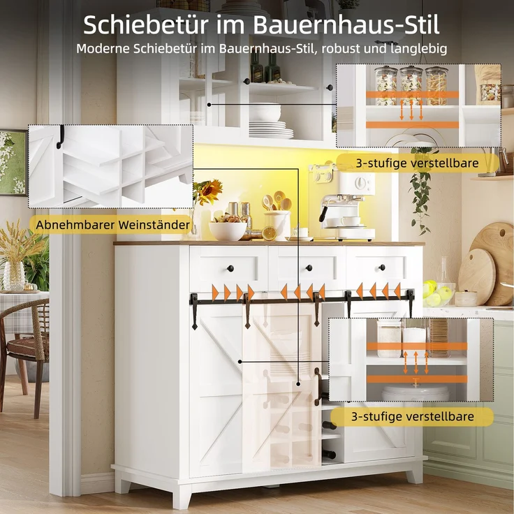 Küchenschrank(105×38.4×180cm), Hochschrank Küchenbuffet, Vitrinenschrank, Buffetschrank mit Verstellbaren Ablagen, Sideboard mit LED-Beleuchtung,Variable Lichtfarben,weiß--Weiß--105x38.4x180cm--YOUDENOVA – Bild 10
