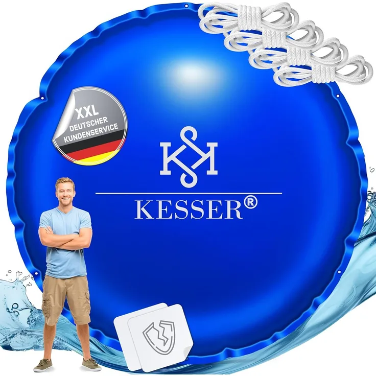 KESSER® Poolkissen Winter | Poolabdeckung mit Doppelnaht Whirpools | Luftkissen Pool Abdeckung Überwinterung | Abdeckung Einbaupools Winter | PVC wasserdicht & UV-beständig mit 4x Seile Blau, 400cm, Rund