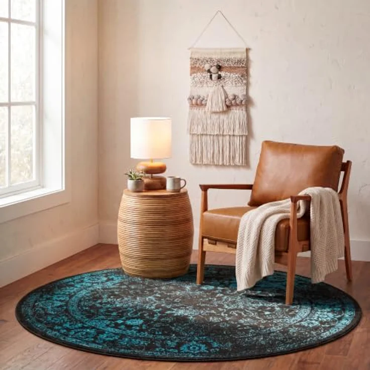 Safavieh Runder Teppich 183 cm Rund - Adirondack Collection - Transitional Design, Schwarz & Petrol, Pflegeleichte Synthetikmischung, Ideal für Wohnzimmer, Schlafzimmer, Büro – Bild 1