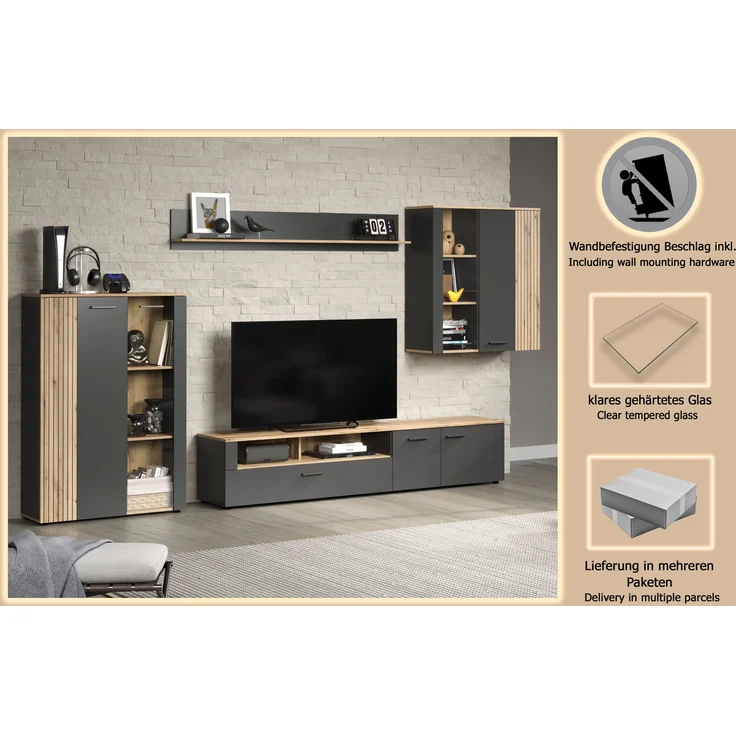 Wohnwand Esteban in grau und Eiche Evoke 340 cm – Bild 16
