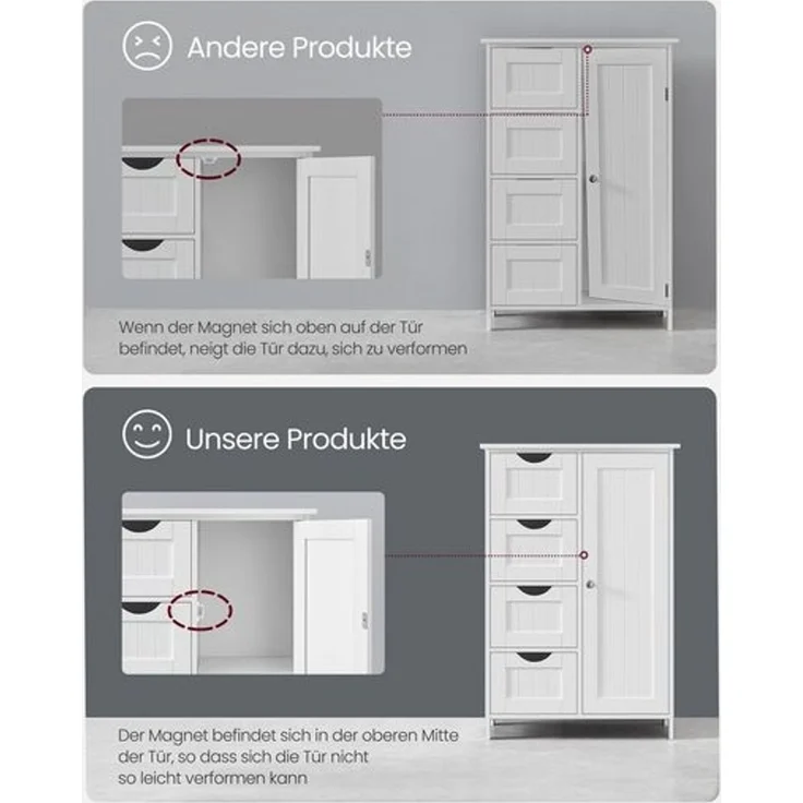 Vasagle Badezimmerschrank mit 4 Schubladen und verstellbarer Ablage, MDF weiß, 82 x 30 x 55 cm – Bild 5