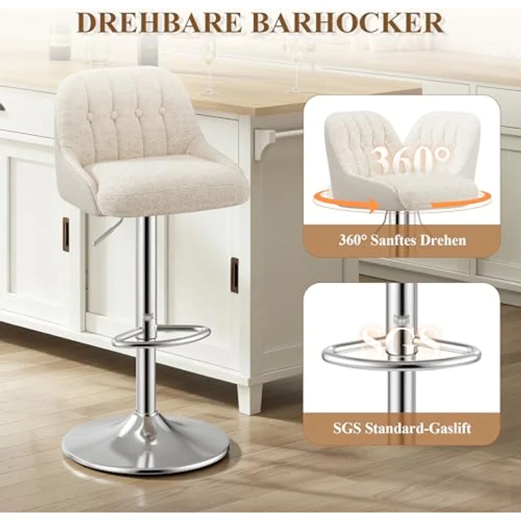 MALOL 360° Drehbarer Höhenverstellbarer Barhocker, Bar Hocker 4er Set mit Rückenlehne, Moderner Küchenhocker mit Metallfuß für Theke, Esszimmer, Barstuhl mit Kombination aus Leder und Bouclé, Beige – Bild 7