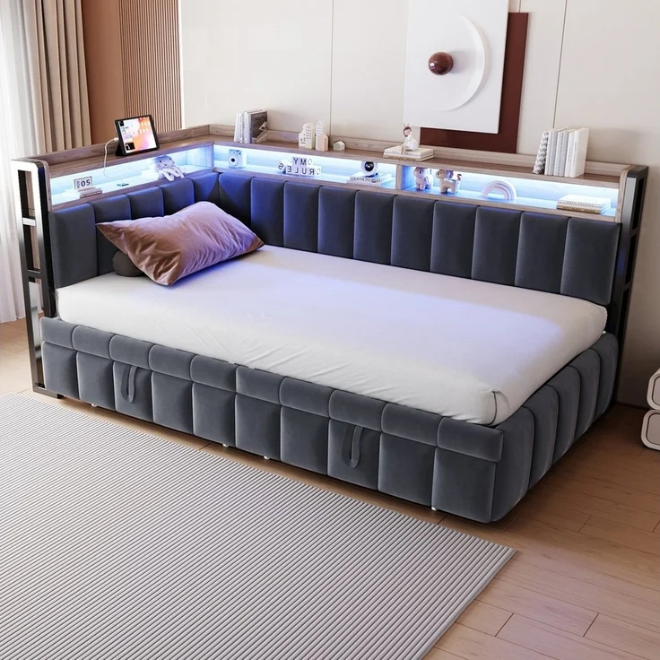 Merax Daybett 90x200cm Schlafsofa mit LED-Beleuchtung & USB-Anschluss (Sofabett Jugendbett Kinderbett, 1 tlg), Polsterbett Samtstoff Tagesbett mit Ausziehbett Stauraum Ablagefächern – Bild 2