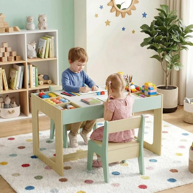 TLGREEN Kindertisch mit 2 Stühlen, Kindersitzgruppe (Kinder Tisch Stuhl Set mit wendbarer Tischplatte, 80 x 48 x 48 cm), Kinderschreibtisch für Schule, Kindertagesstätte, Kinderzimmer – Bild 2