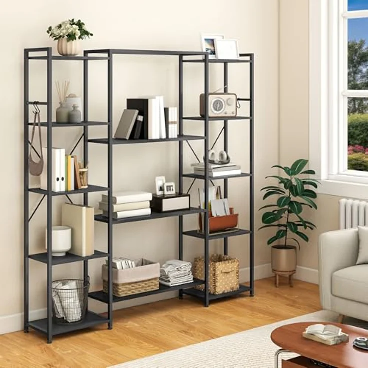 YITAHOME Industrielles Bücherregal 73 cm breit, Stehend Offen Aus Holz Und Metallrahmen Mit 13 Regalen, Präsentationsregal Für Wohnzimmer, Heimbüro, Schwarz – Bild 2
