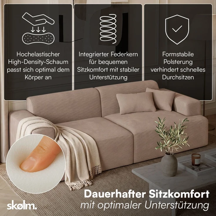 skølm 'Freki' Cloud Sofa 2 Sitzer, Vollschaumcouch mit Federkern und Vakuum-Kompression, kein Aufbau erforderlich, mit 2 Kissen, Cord taupe – Bild 2