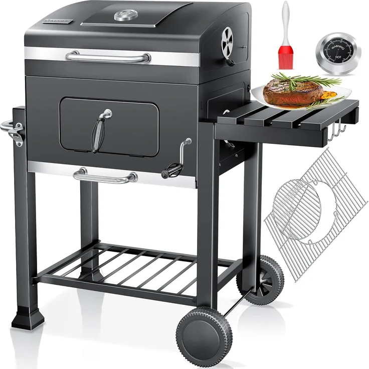 KESSER® Grill Grillwagen BBQ Smoker XL Holzkohlegrill mit Deckel, Rädern, Edelstahl-Griff, Grillrost und Thermometer, 8 Spieße mit Tasche & Silikon-Pinsel, Standgrill, Kohlegrillwagen