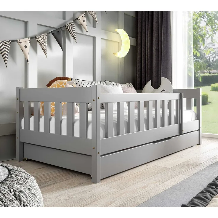 Jerpax Kinderbett mit Matratze und Schublade Holzbett, Einzelbett für Kinder ZOSIA, Grau, 80x160 cm