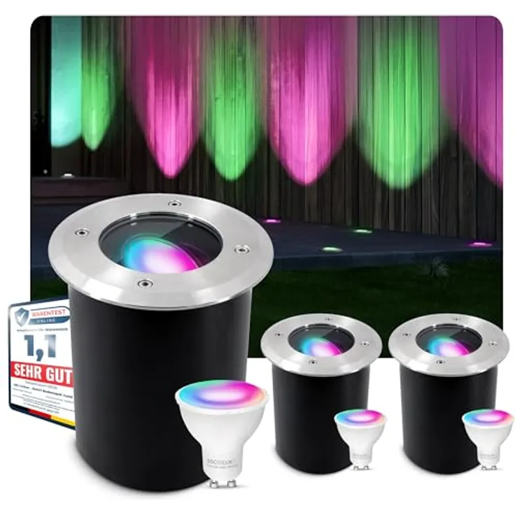 SSC-LUXon JUAVI Bodeneinbaustrahler 3er Set, schwenkbar LED Smart GU10, WLAN RGB CCT, befahrbar, Steuerung per App & Sprache