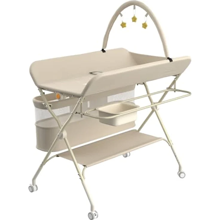 Wickelstation für Baby, Wickeltisch, faltbar, tragbar, Wickeltisch, faltbar, tragbar, mit Aufbewahrungskorb, maximale Belastung von 25 kg,75 x 68 x 83–91 cm (Schwarz) Cremeweiß – Bild 10