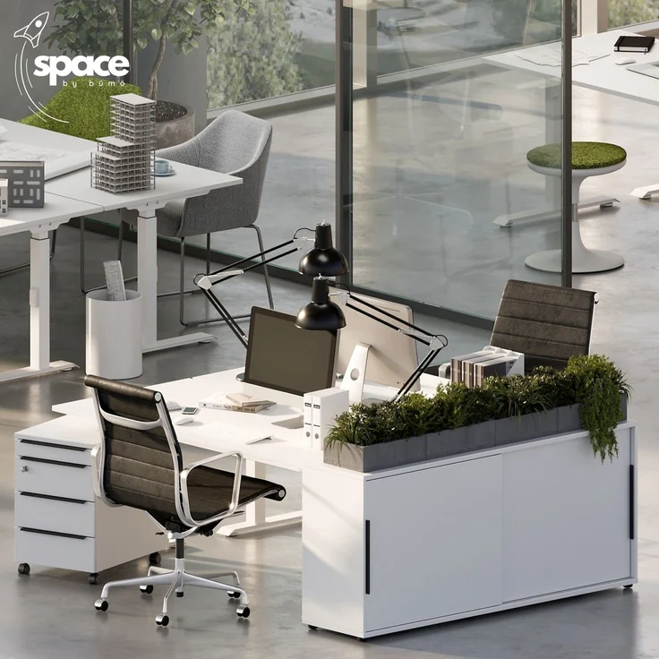 bümö Space Sideboard weiss mit Schiebetüren, Aktenschrank Holz 160 cm breit - Büro Schrank mit Schiebetür, Büroschrank schmal für die Dachschräge - Kommode für Ordner, SPCSS1OH-84 – Bild 6