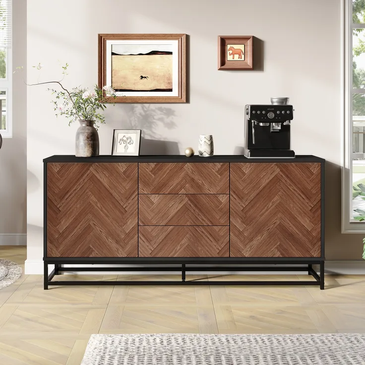 Sideboard Metallgestell mit 3 Schubladen & 2 Schranktüren 145x40x67 cm Eiche+Schwarz