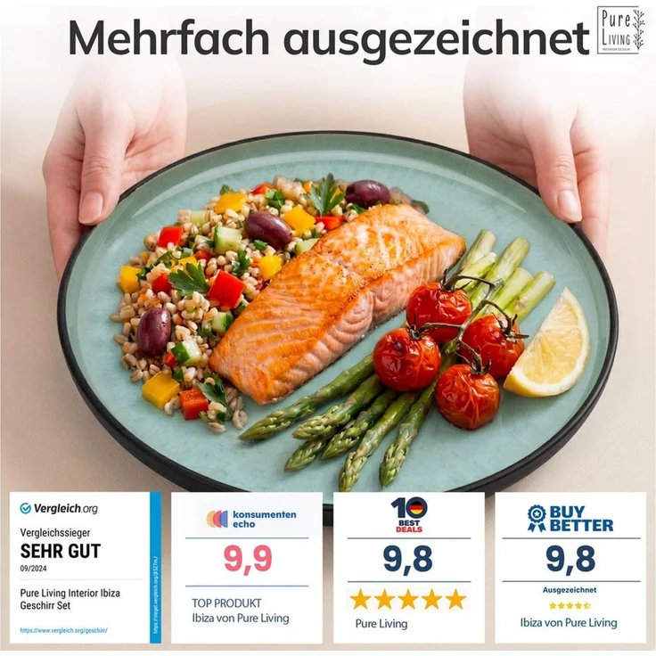 Steingut Geschirrset 12 Pers. Ibiza 36-tlg Hochwertiges Mediterranes TEST SEHR GUT Steingut Geschirr Set - Schüssel- und Teller Set - Tafelservice 12 Personen Geschirrsets Pure Living in Salbeigrün – Bild 3