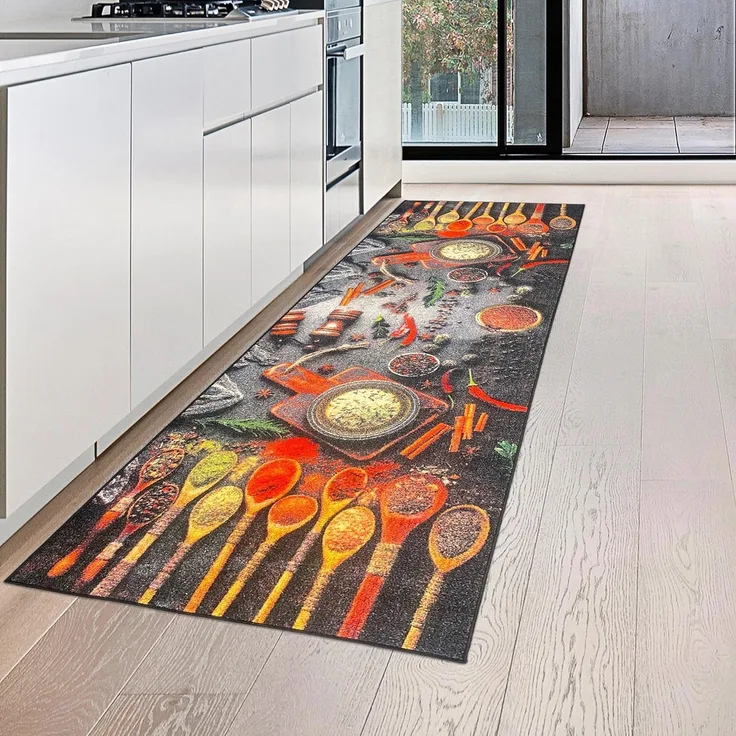 Teppich-Traum Küchenläufer mit rutschfestem Gelrücken waschbar mit Kochlöffeln und bunten Gewürzen, 80x200 cm