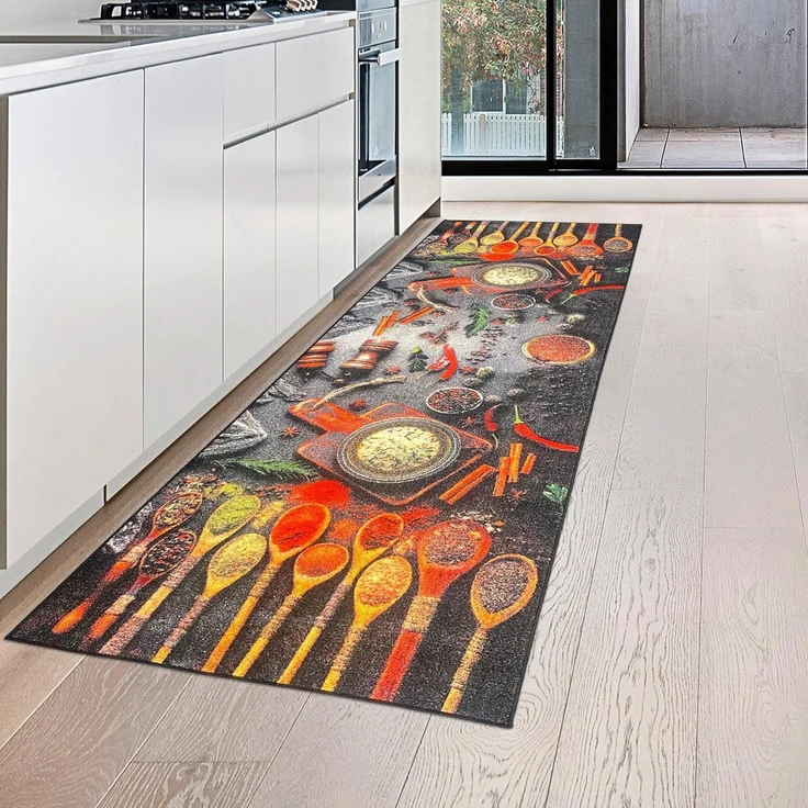 Teppich-Traum Küchenläufer mit rutschfestem Gelrücken waschbar mit Kochlöffeln und bunten Gewürzen, 80x200 cm