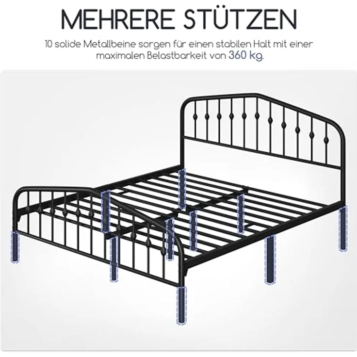 Yaheetech Bettrahmen 160x200 cm, Vintage Metallbett mit kronenförmigem Kopfteil, Stabiles Bettgestell Doppelbett aus Metall, Robust & Leichte Montage Gästebett Jugendbett Tagesbett, Schwarz – Bild 5