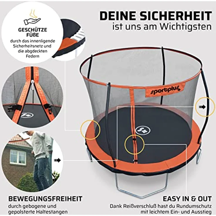 SportPlus Trampolin SP-T-305 / SP-T-366, Garten-Trampolin mit gepolsterten Stangen, innenliegendem Sicherheitsnetz, extra sicherer Randabdeckung, angenehmer Federung, Tiger Orange / Sun / Pacific Blue – Bild 3