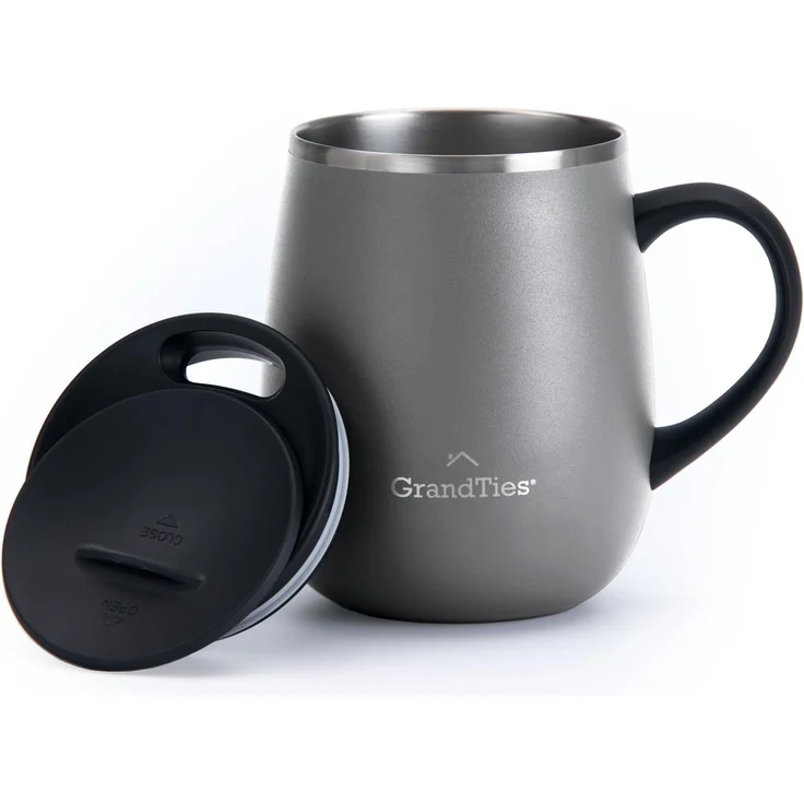 Grandties Thermo Kaffeebecher mit Griff - Schiebedeckel für Spritzschutz 480 ml - Steingrau, L, Grau
