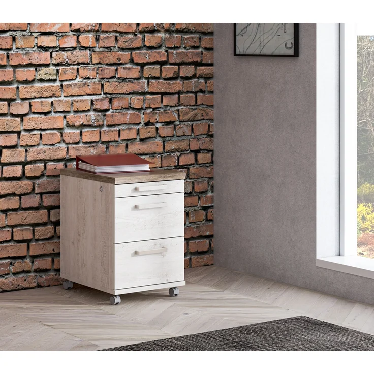 Rollcontainer >DURO< 3 Schübe, Pinie Weiss / Eiche Antik - 42,3x61,4x53cm (BxHxT) – Bild 2