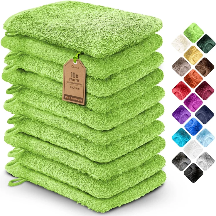 NatureMark 10x Waschhandschuhe aus Frottee 100% Baumwolle – Weich und Robust, Ideal für die tägliche Pflege und Gäste – Apfel Grün, 15x21 cm