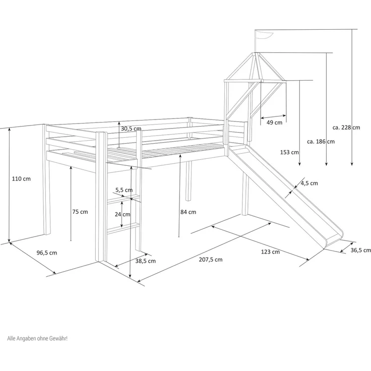 Hochbett mit Matratze 90x200 Turm Rutsche Stockbett Weiß Kinderbett Holz Kiefer Vorhang grau Sterne Lattenrost – Bild 3