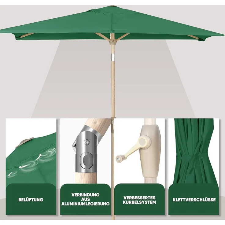 Sekey Sonnenschirm mit Kurbel und UV50+, knickbar, Aluminium grün / natur, 210 x 140 cm – Bild 6