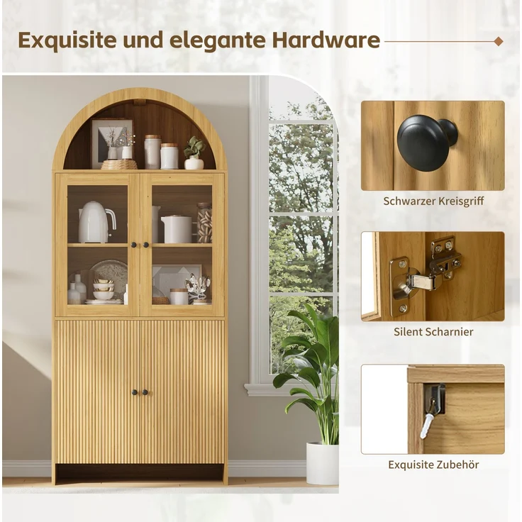 DESVIAE Sideboard mit Glastüren und gewölbtem Design 78x176x40 cm Spanplatte Natur – Bild 5