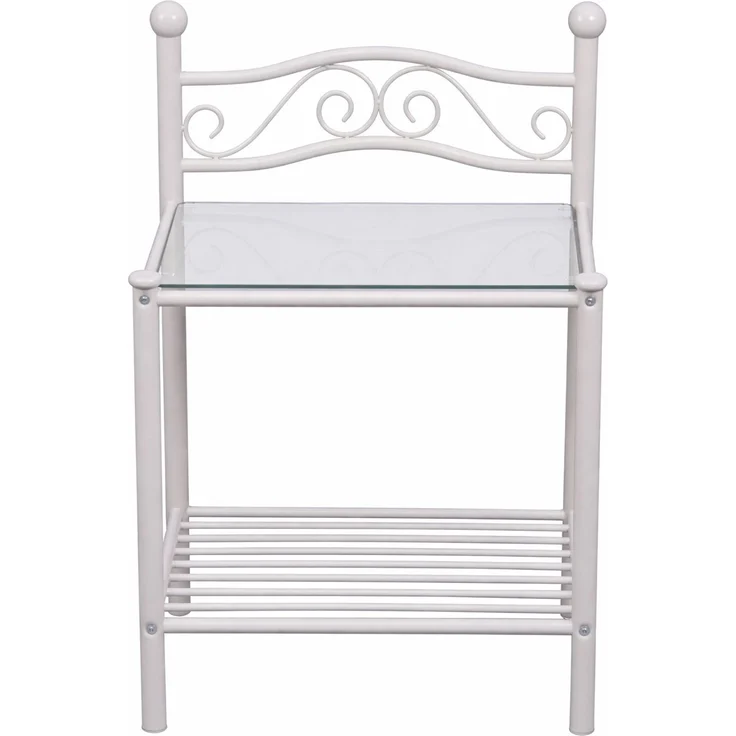 Romantische Nachtkonsole aus Metall in Cremeweiß mit Glasablage – Landhausstil – Bild 2