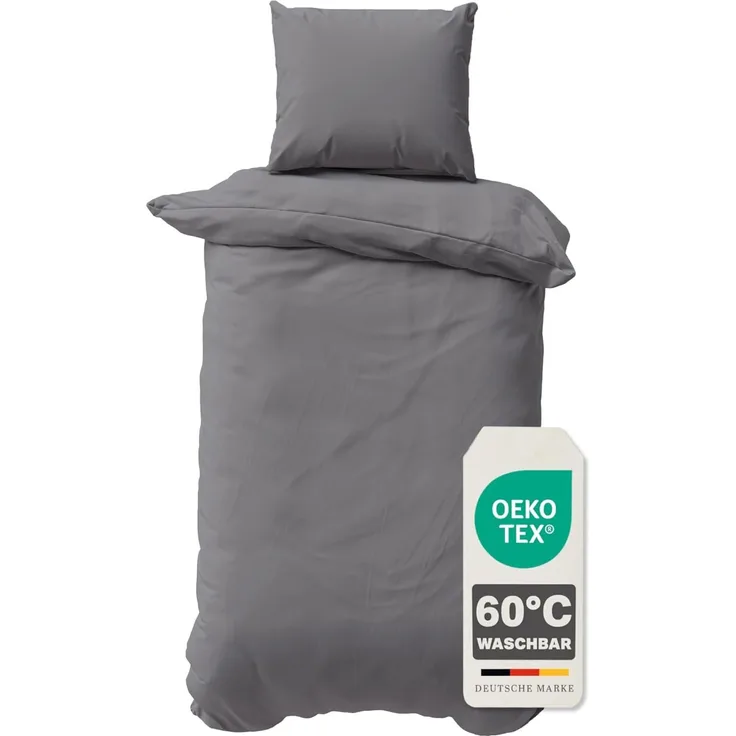 Müskaan - 2 teilig Renforcé Uni Bettwäsche mit Kopfkissen Garnitur, Reißverschluss - für Allergiker geeignet, atmungsaktiv, Grau, 155x220 / 80x80 cm, 100% Baumwolle
