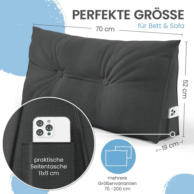 ELONEO Rückenkissen Keilkissen für Bett und Sofa, Lesekissen mit praktischem Seitenfach, 1-tlg, mit praktischem Seitenfach, Lesekissen, mit waschbarem Bezug – Bild 2