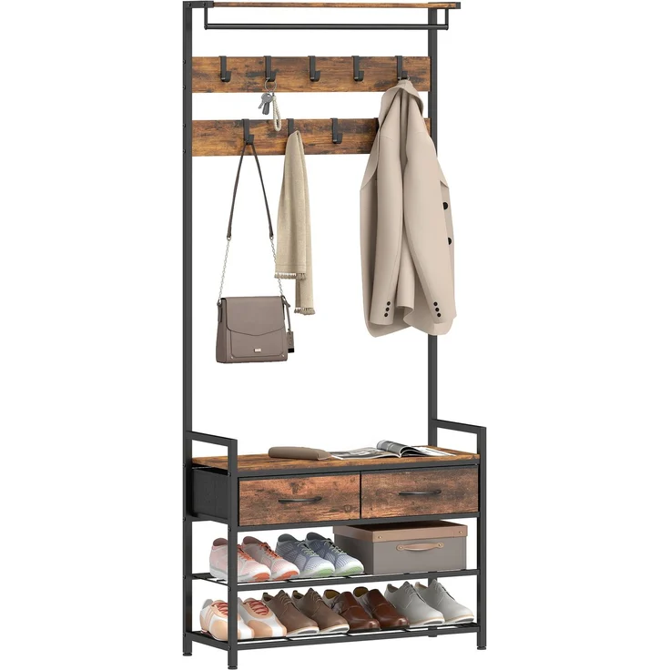 MELAYR, Garderobenständer mit Kleiderhaken, Schuhbank, 80 x 30 x 181.5 cm, Rustikal Braun – Bild 2