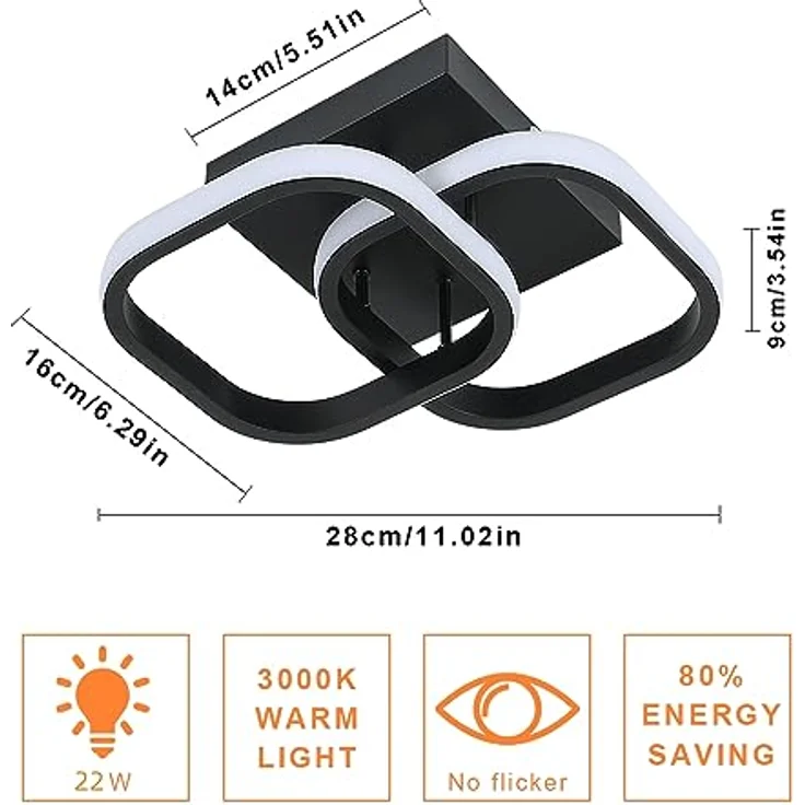 Goeco LED Deckenleuchte Moderne Deckenlampe Innen, 19W, 2135LM, 3000K Warmweißes Licht, LED Lampen Deckenleuchtung Quadratische aus Aluminium für Korridor, Flur Eingang Gang, Balkon, Schwarz – Bild 2