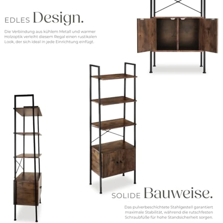 tectake Leiterregal Brentwood, Holzwerkstoff in Beton-Optik, 4 Ebenen, 2 Schrankfächer, 34x173x57,5 cm, Industrial Style – Bild 5