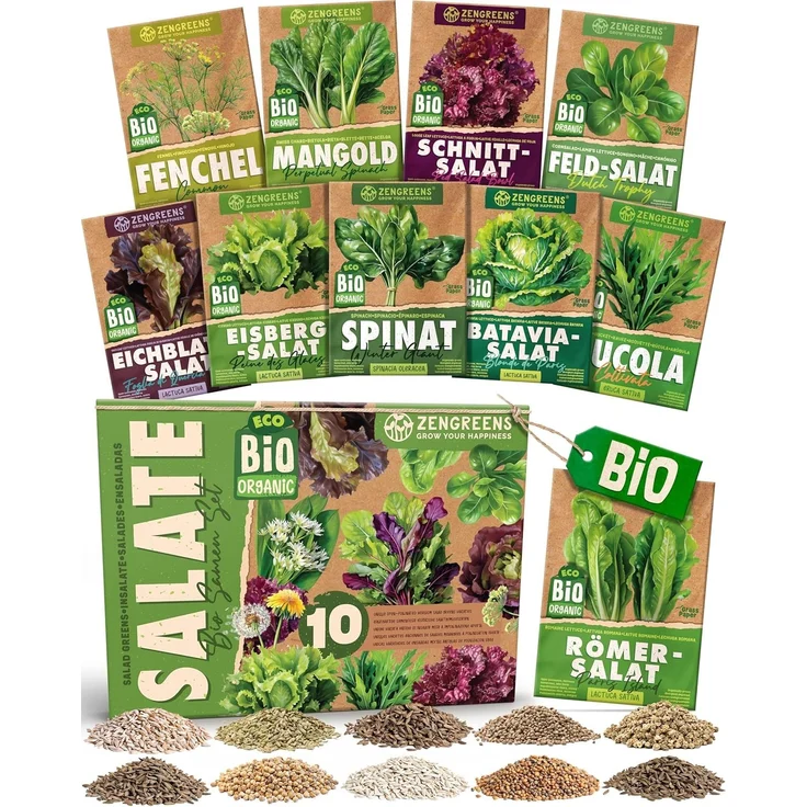 ZenGreens® - Bio Salatgemüsesamen im 10er Set - 10 Salat Gemüse Samen für den einfachen Anbau im Garten, Balkon oder Hochbeet - Pflanzensamen - Saatgut – Bild 1