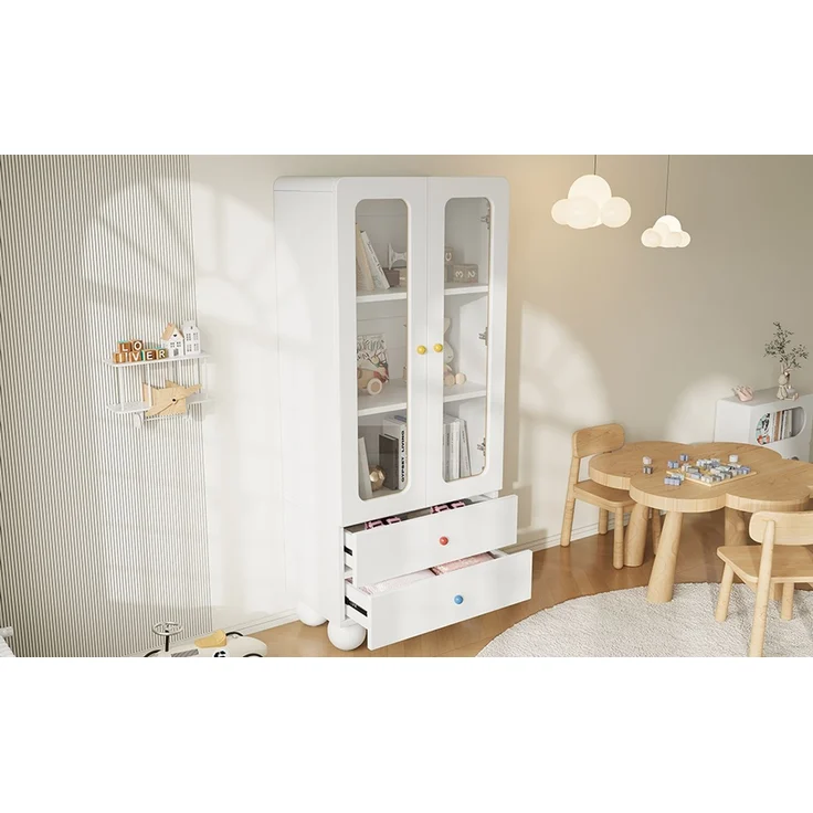 ZUBALIYA Glasvitrine, Kinder-Aufbewahrungsschrank, Bücherregal mit Schubladen, Büroschrank, Figurenvitrine, Bunte Keramikgriffe, Kugelförmige Schrankfüße,, Multifunktionsschrank, Weiß, 60 x 35 x 140 cm – Bild 25