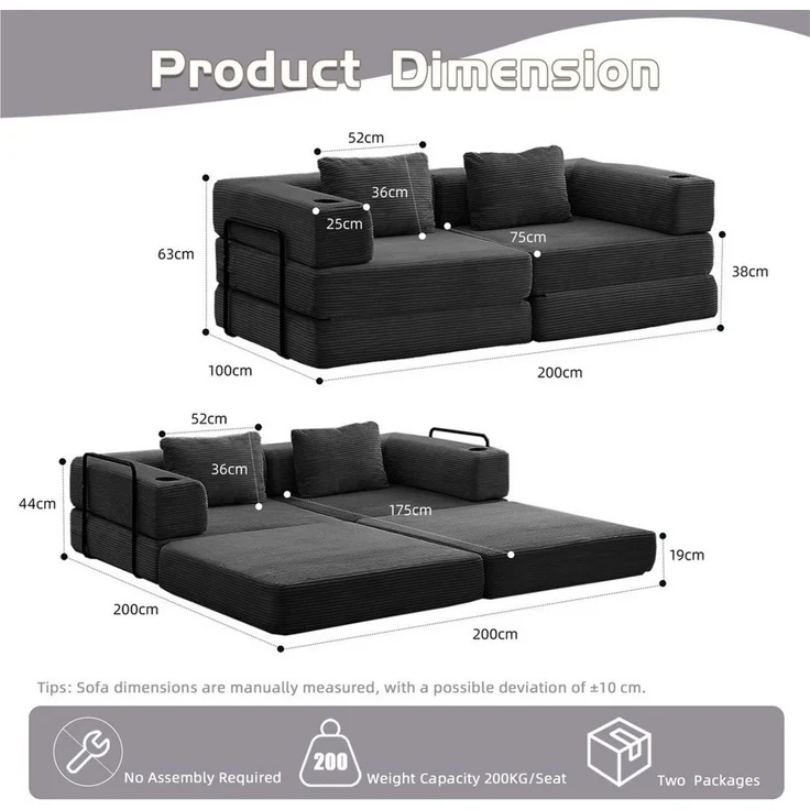 Sinaopus Sofa Sofas Wohnzimmer, Schlafsofa aus Cord mit Bettfunktion, Faltbares Bodensofa mit Liegefunktion für kleine Räume – Bild 2